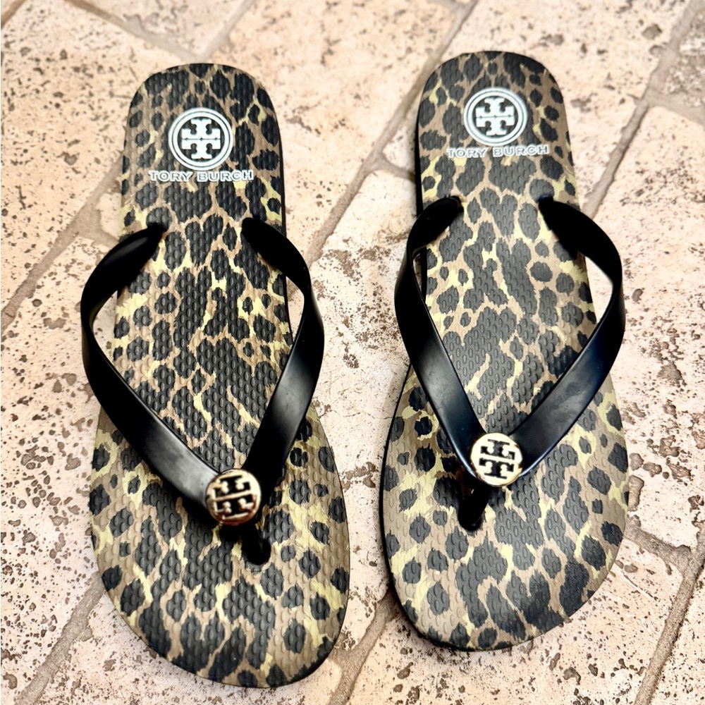Tory Burch Black and Leopard Flip Flops